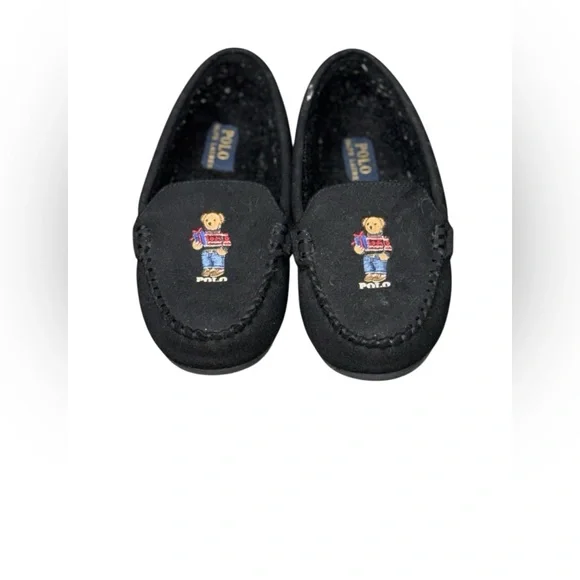 Polo by Ralph Lauren Black Moccasins Kids House Slippers with Bear Design - Picture 1 of 9